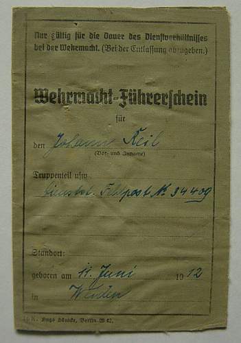 Wehrmacht Fuhrerschein (Military driving licence)