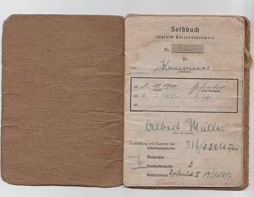 A recent purchase of Gefr Muller Soldbuch and award docs