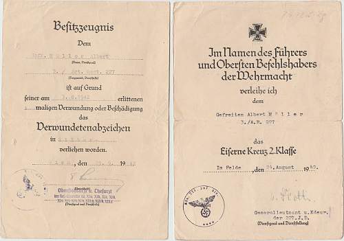 A recent purchase of Gefr Muller Soldbuch and award docs