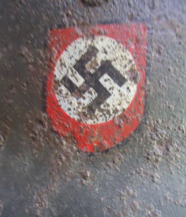 SS helmet with at least a fake swastika decal ?