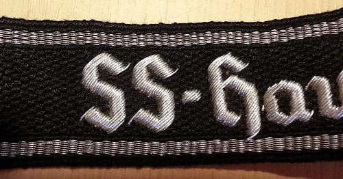 Fake SS Hauptamt cuff title versus real SS Hauptamt cuff title.