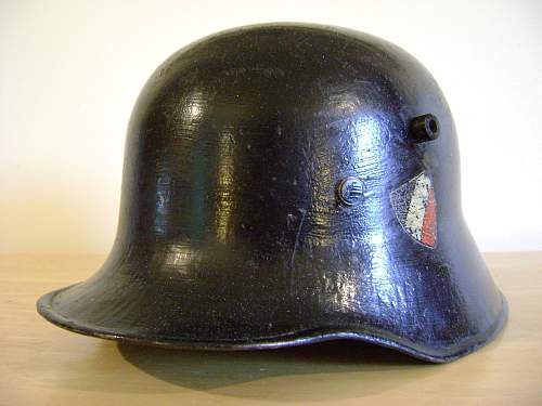 Early TR M18 Police Helmet, Tilted Tricolor, Scraped Mobile Swatika