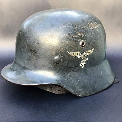 DD M35 Luftwaffe Helmet with early Straight Leg, Droop tail decal.