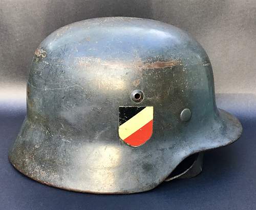 DD M35 Luftwaffe Helmet with early Straight Leg, Droop tail decal.