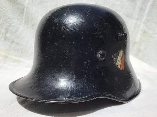 Interwar ET M18 Style Double Decal Police Helmet with EARLY Titled Tricolor and Thin Mobile Swastika