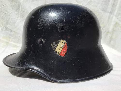 Interwar ET M18 Style Double Decal Police Helmet with EARLY Titled Tricolor and Thin Mobile Swastika