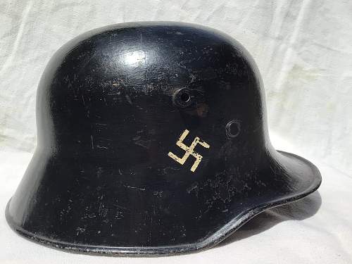 Interwar ET M18 Style Double Decal Police Helmet with EARLY Titled Tricolor and Thin Mobile Swastika