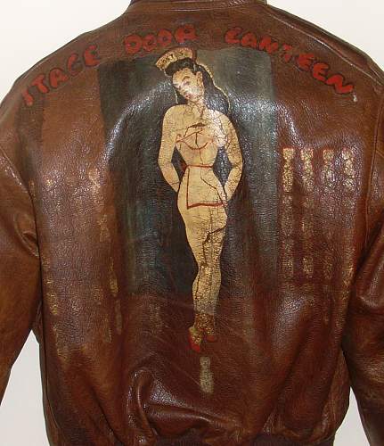 381st Bomb Group 535th bomb squad A2 Jacket with nose art &amp; original patch.