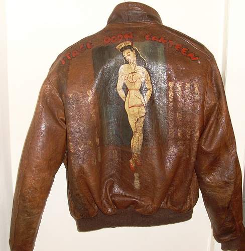 381st Bomb Group 535th bomb squad A2 Jacket with nose art &amp; original patch.