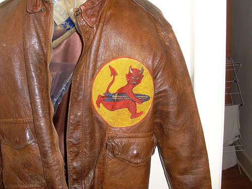 381st Bomb Group 535th bomb squad A2 Jacket with nose art &amp; original patch.