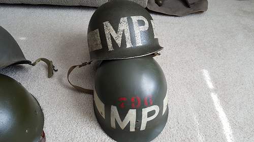 WW2 M-1 Combat helmet for 796th MILITARY POLICE BATTALION super rare unit marked.