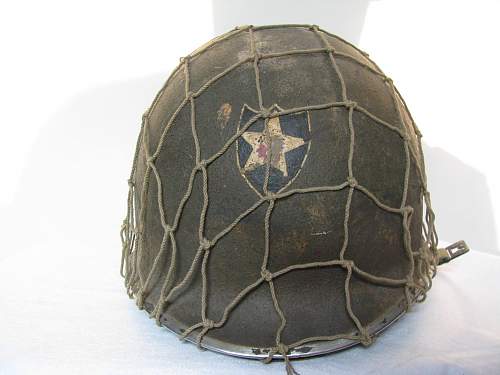 M1 Front Seam Fixed Bale Painted Helmet w/ Net, 2nd ID  WWII