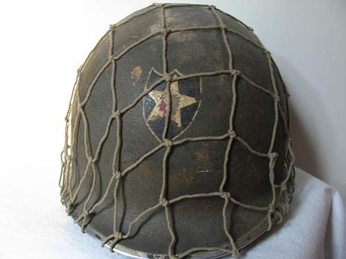 M1 Front Seam Fixed Bale Painted Helmet w/ Net, 2nd ID  WWII