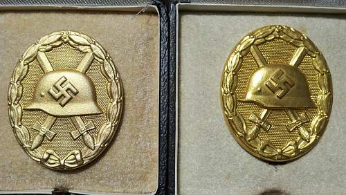 Verwundetenabzeichen 1939 in Gold 2x (one original, one fake)