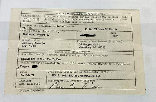 MAS 1936 Rifle brought home from Nam by Major Robert McKinney