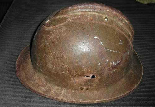 WW2 French Steel Helmet w/ bullet hole and inscription inside