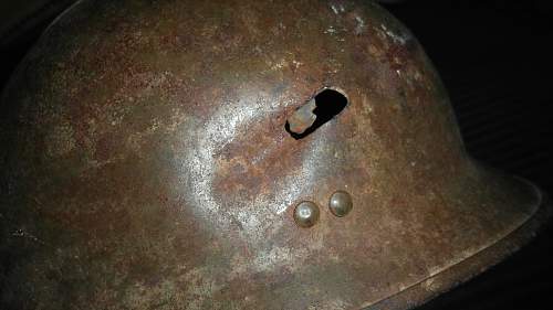 WW2 French Steel Helmet w/ bullet hole and inscription inside