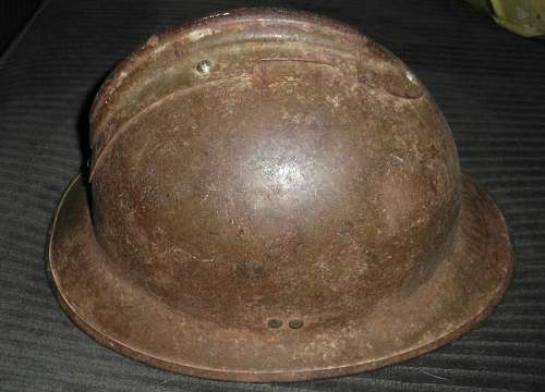 WW2 French Steel Helmet w/ bullet hole and inscription inside