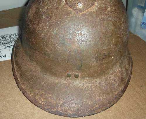 WW2 French Steel Helmet w/ bullet hole and inscription inside