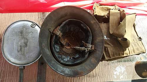 WW1 grouping US brodie helmet and trench art mess kit 315th infantry 79th divison