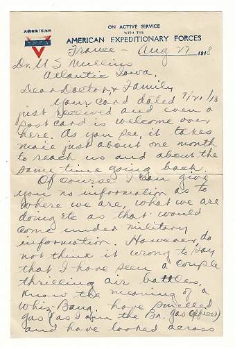 WW1 Era Letter Written by AEF Serviceman. He writes about seeing Air Battles, and other interesting topics.