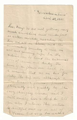 WW1 Era Letter Written by U.S. Serviceman in France. He mentions the Mud, Air Planes, Cannon Fire and more.