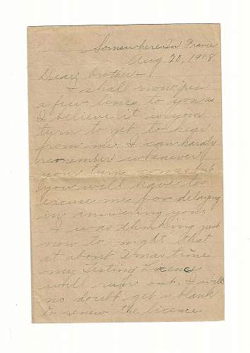 WW1 Era Letter Written by American Soldier in the Trenches of France.